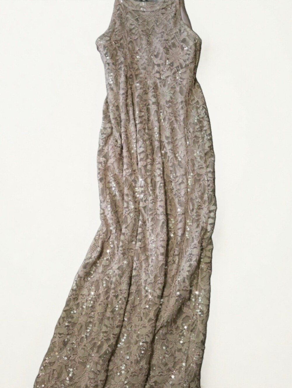 R&M Richards Taupe Lace Sequin Maxi Dress Size 12 Formal Evening Mother of Bride